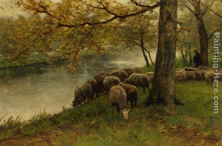 Anton Mauve Sheep Watering by a River